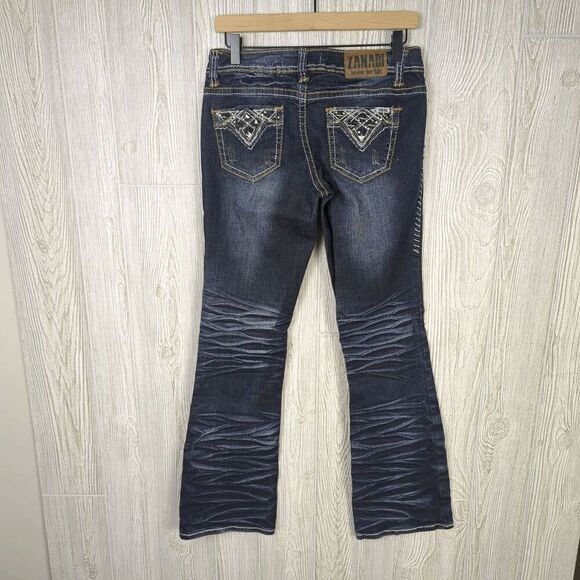 Zanadi Bootcut Jeans Dark Wash Contrast Stitching Y2K Embellished Pockets Size 6 - Picture 4 of 7